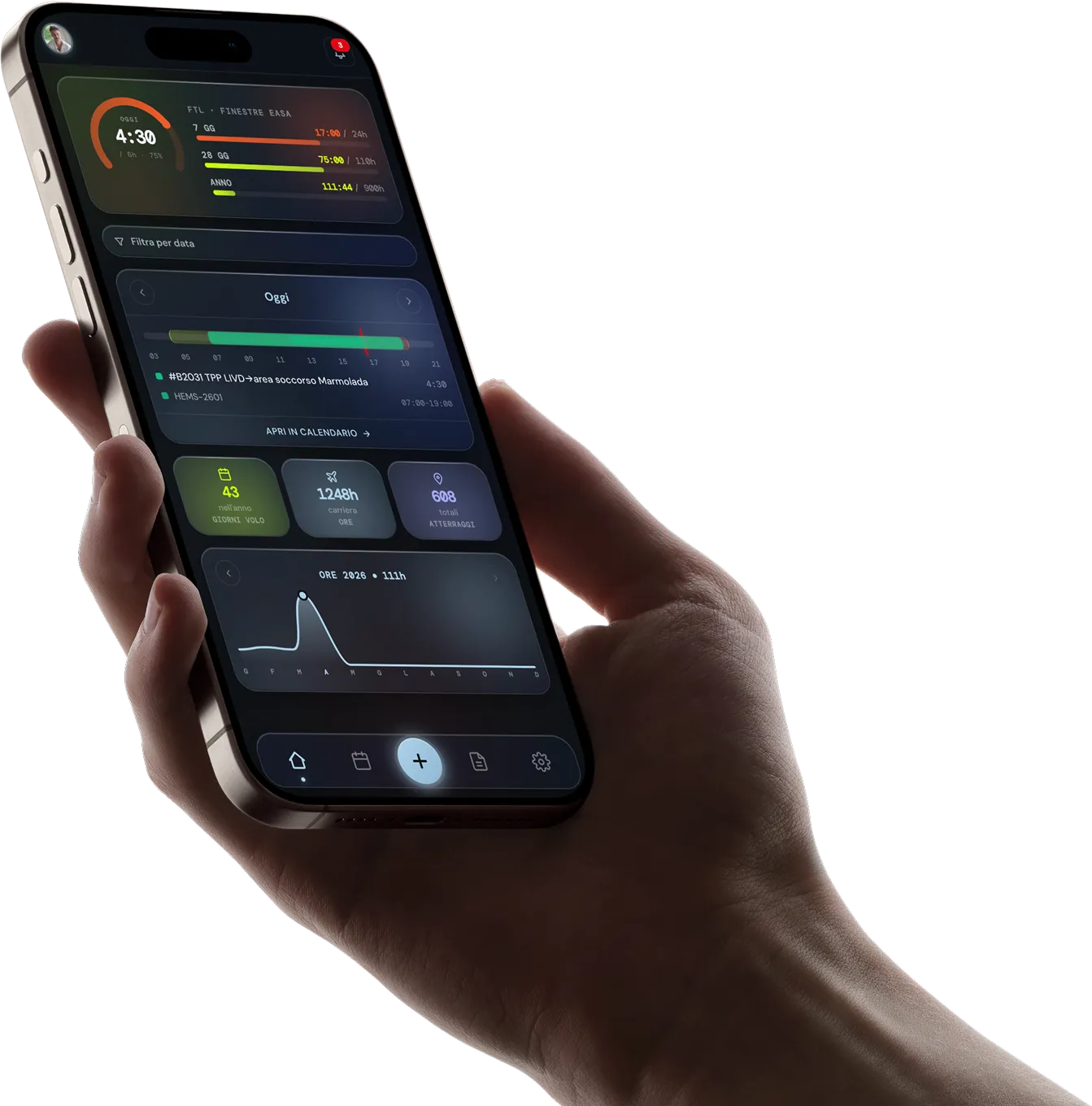 A pilot holding an iPhone running Levaris Log