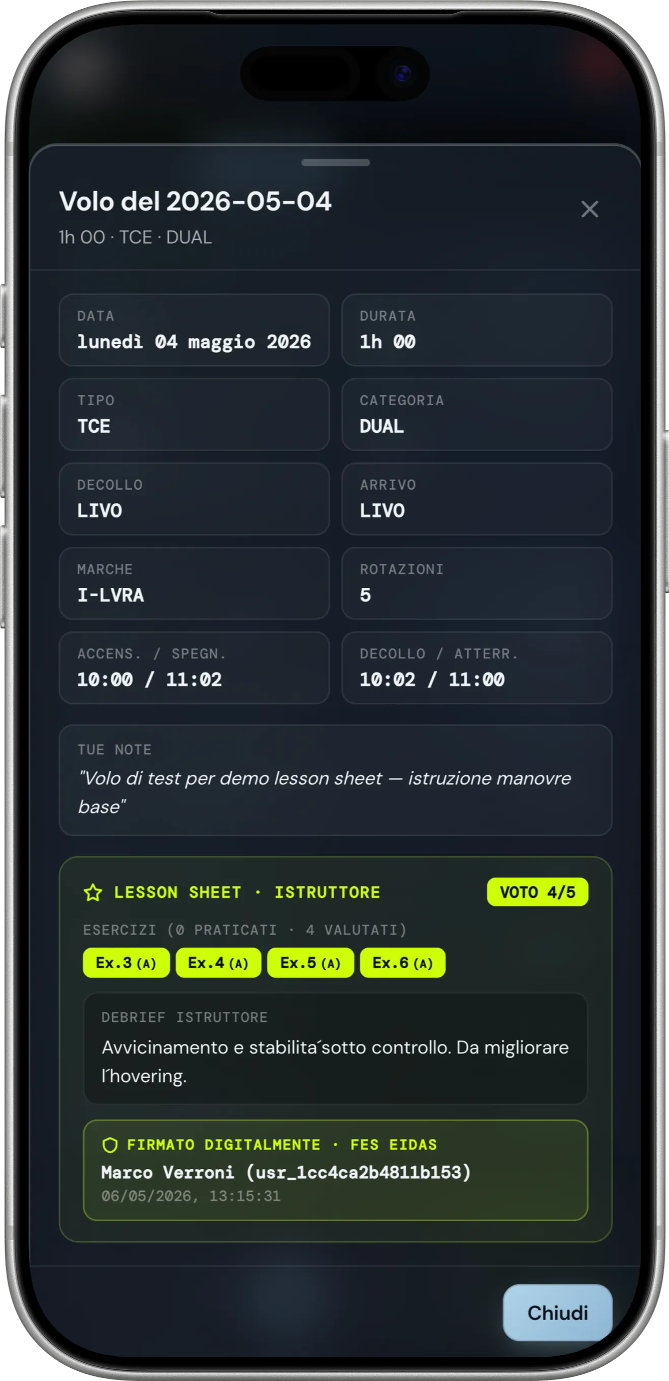 Levaris Log lesson sheet with instructor debrief and digital signature
