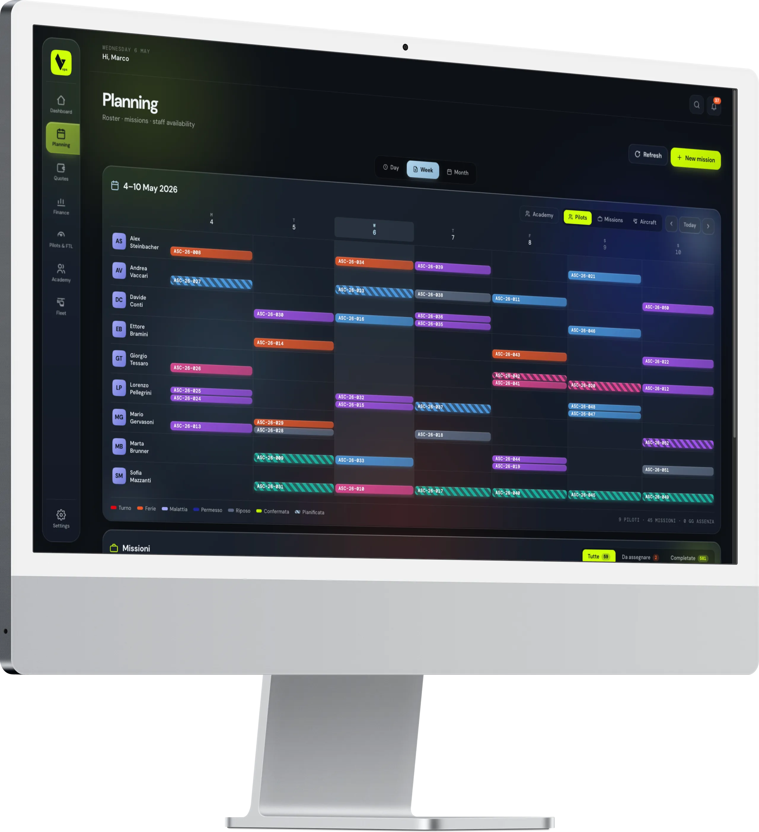 Levaris Ops planning Gantt synced with the pilot calendar