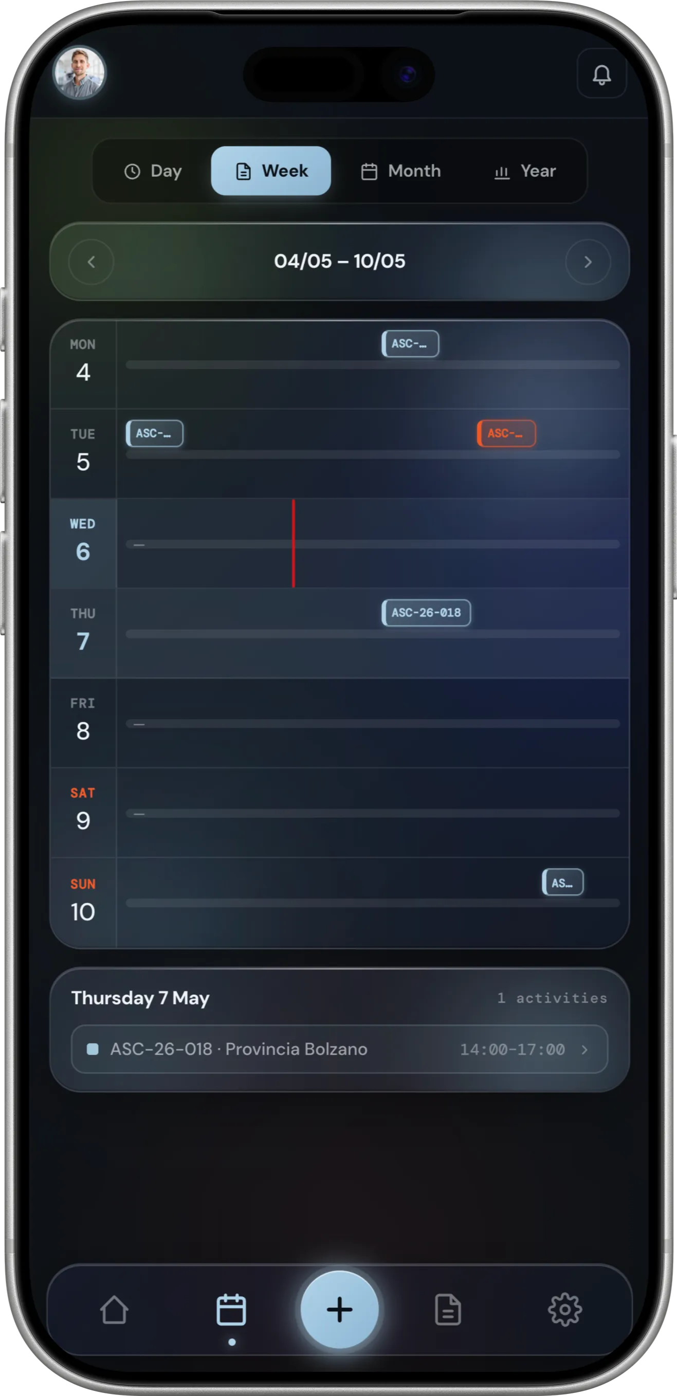 Levaris Log calendar showing missions, shifts and rest periods on the same view