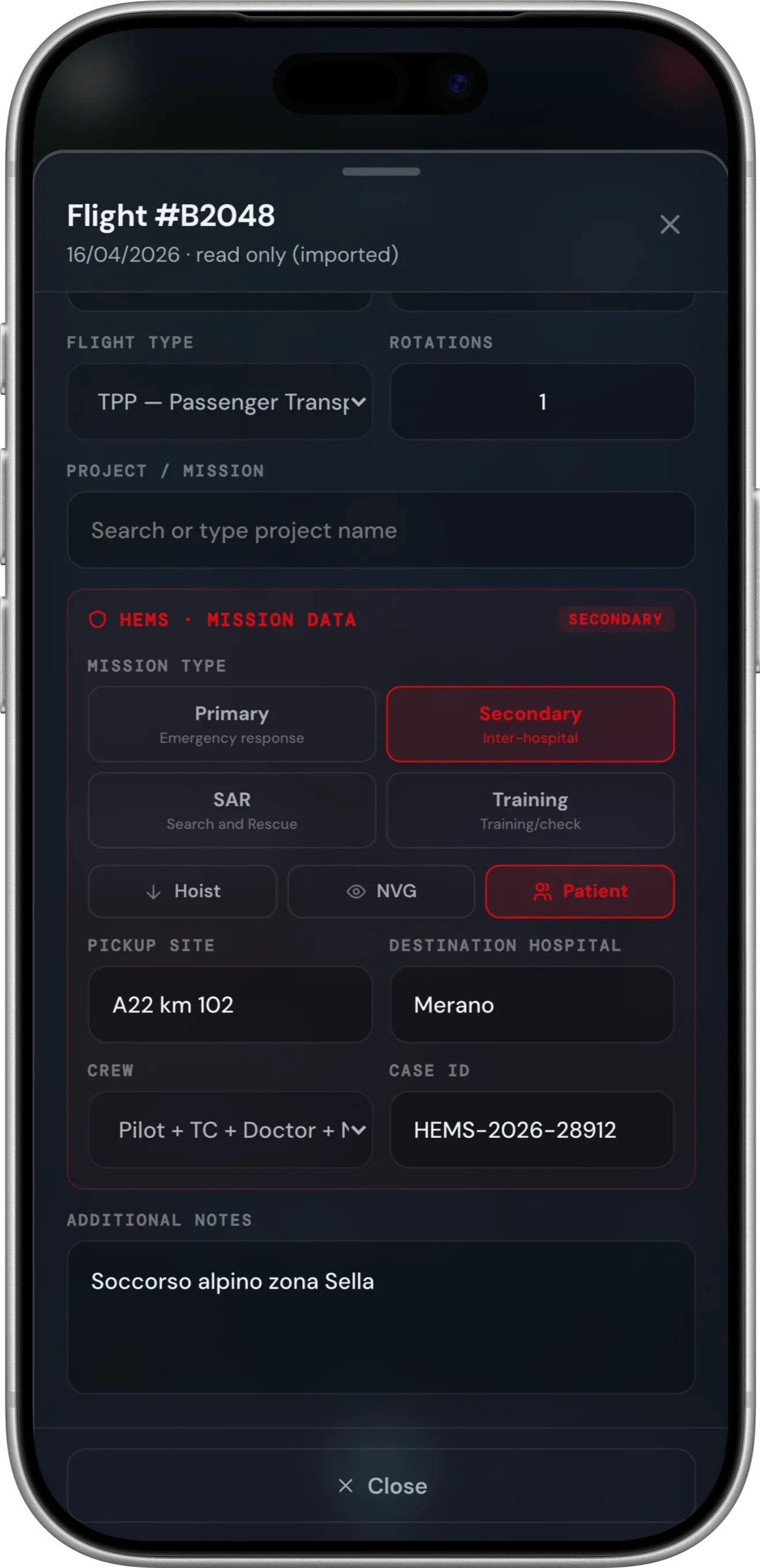 Levaris Log flight detail with HEMS mission data form