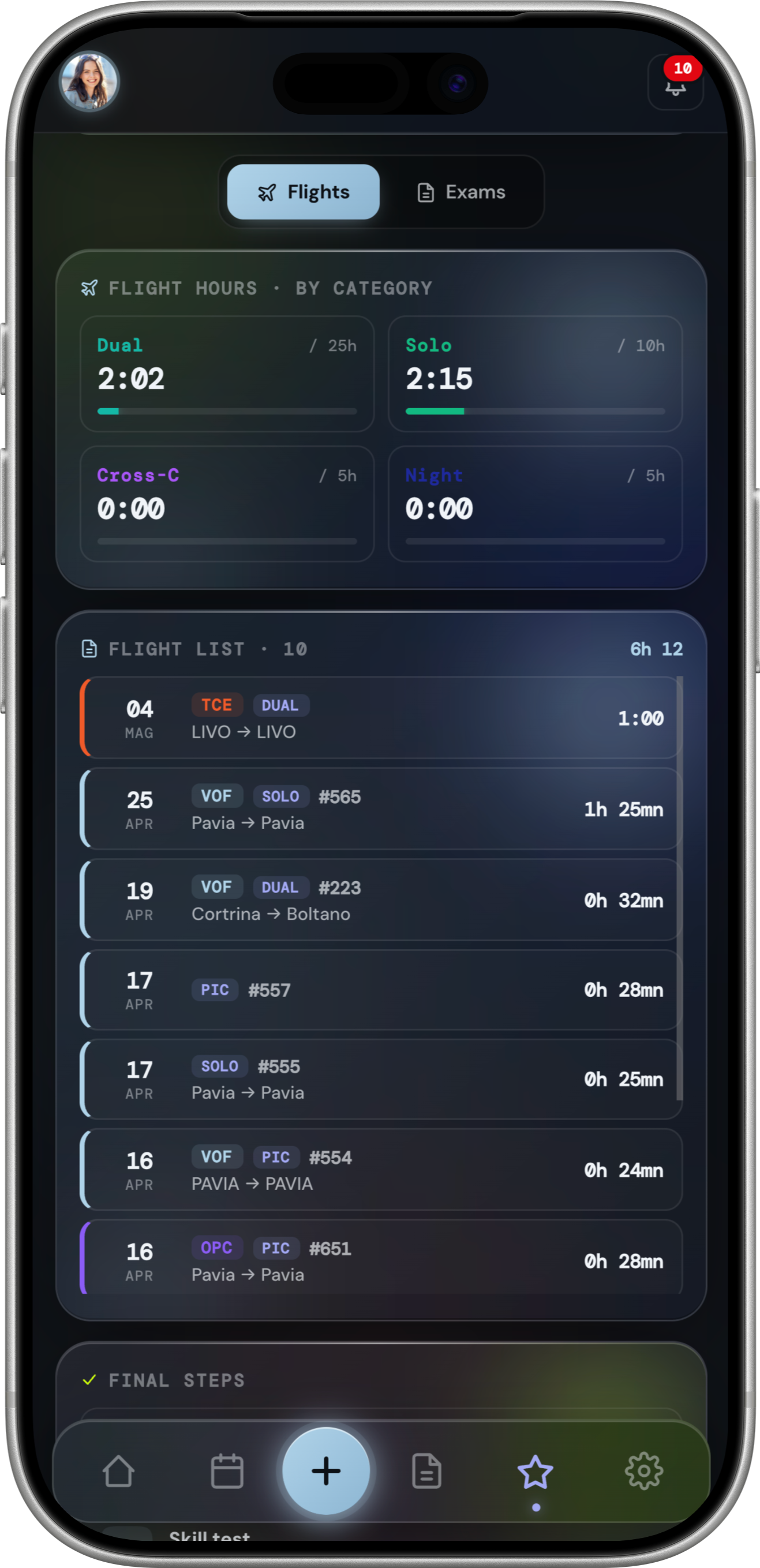 Levaris Log on iPhone showing student flight progress
