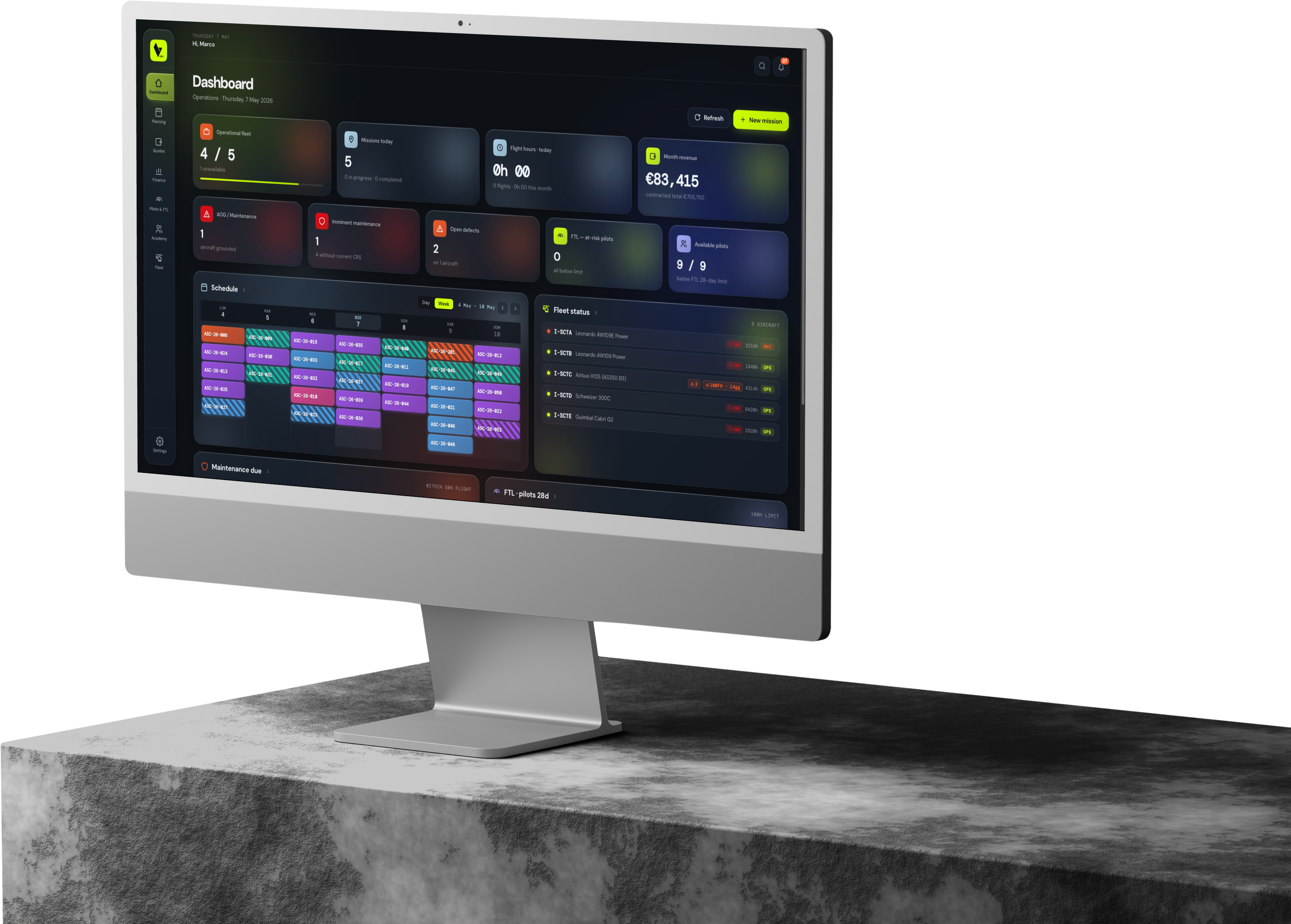 Levaris Ops fleet dashboard on a desktop, showing live FTL status across pilots and aircraft.